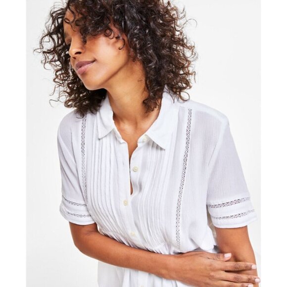 Style & Co Petite Ivory Pintuck Short-Sleeve Button-Front Shirt NWT - Picture 3 of 5
